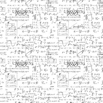 Seamless endless pattern background with handwritten mathematical formulas, math relationship or rules expressed in symbols, various operations such as addition, subtraction, multiplication, division.