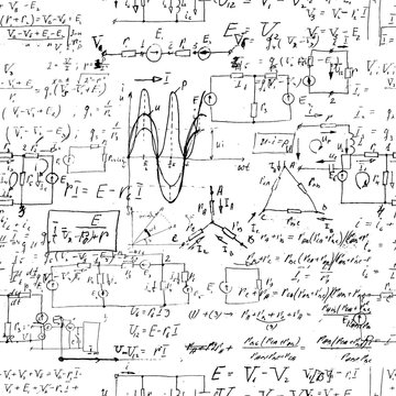 Seamless endless pattern background with handwritten mathematical formulas, math relationship or rules expressed in symbols, various operations such as addition, subtraction, multiplication, division