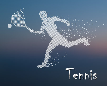Tennis player kicks the ball on the blur background, square particle divergent composition, vector illustration.