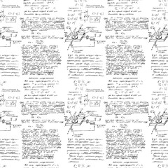Fototapeta premium Math seamless pattern with handwriting of various operations and step by step solutions. Geometry, math, physics, electronic engineering subjects. Lectures. Endless natural hand writing on white.