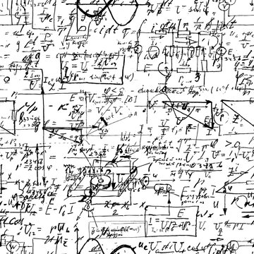 Math seamless pattern with handwriting of various operations and calculations.