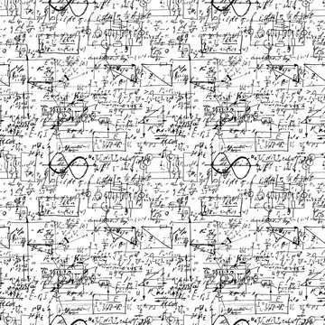 Math seamless pattern with handwriting of various operations and step by step solutions. Geometry, math, physics, electronic engineering subjects. Lectures. Endless natural hand writing on white.