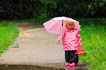 cute little girl with umbrella in raincoat and boots