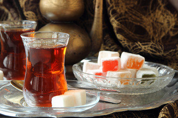 Turkish Delight in a dish and tea..
