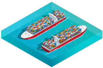 Naklejka premium Container ship, Tanker or Cargo ship with containers icon. Flat 3d isometric high quality transport. Vehicles designed to carry large numbers of cargo