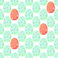 Easter egg seamless vector pattern. Exotic blue mint eggs with red accents of a wild bird in row setting.