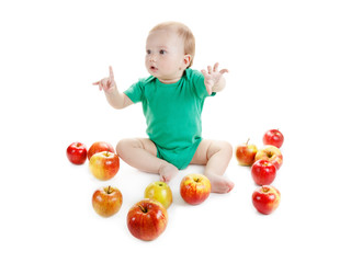 Fototapeta na wymiar Adorable child with apples on white background