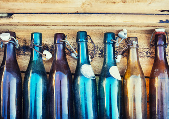 Bottles Beer cidar lager on Wooden background