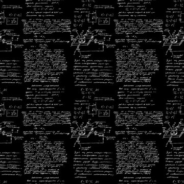 Seamless pattern, mathematical operations and elementary functions, endless arithmetic black background. Real handwritten solutions. Geometry, math, physics, electronic engineering subjects. Lectures.