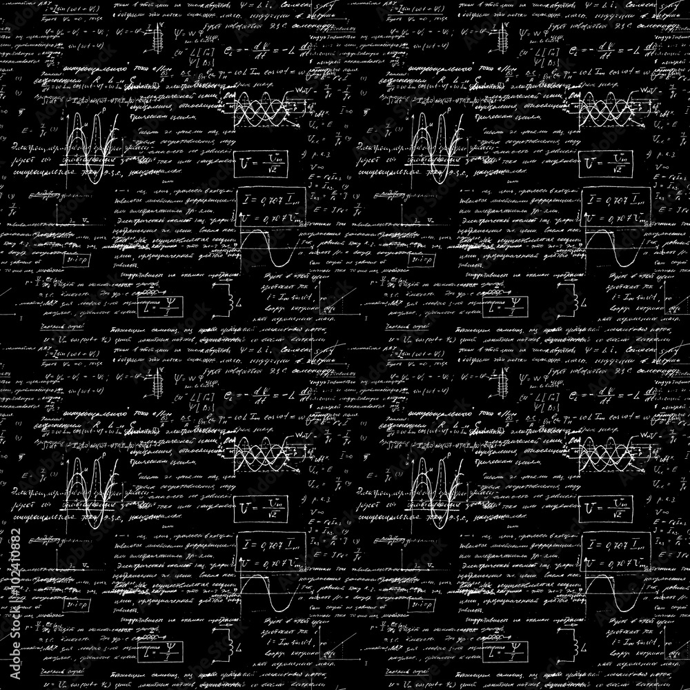 Poster seamless endless pattern background with handwritten mathematical equations on blackboard.