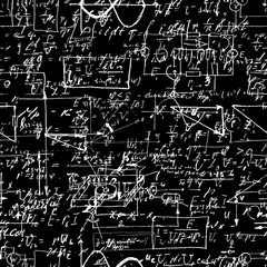 Seamless pattern of geometry, math, physics, electronic engineering subjects. Mathematics equation and calculations, endless hand writing. Black Background. 