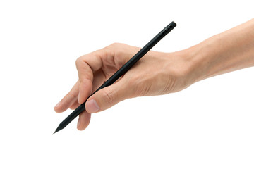 Man hand with black pencil on a white background