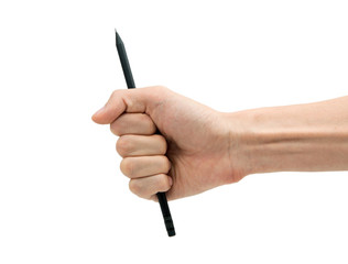 Man hand with black pencil on a white background