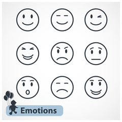 Black simple emotions faces icons,sign,symbol isolated on white background