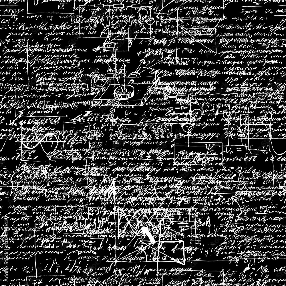 Poster seamless endless pattern background with handwritten mathematical equations on blackboard.