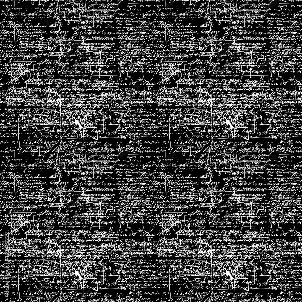 Poster seamless endless pattern background with handwritten mathematical equations on blackboard.