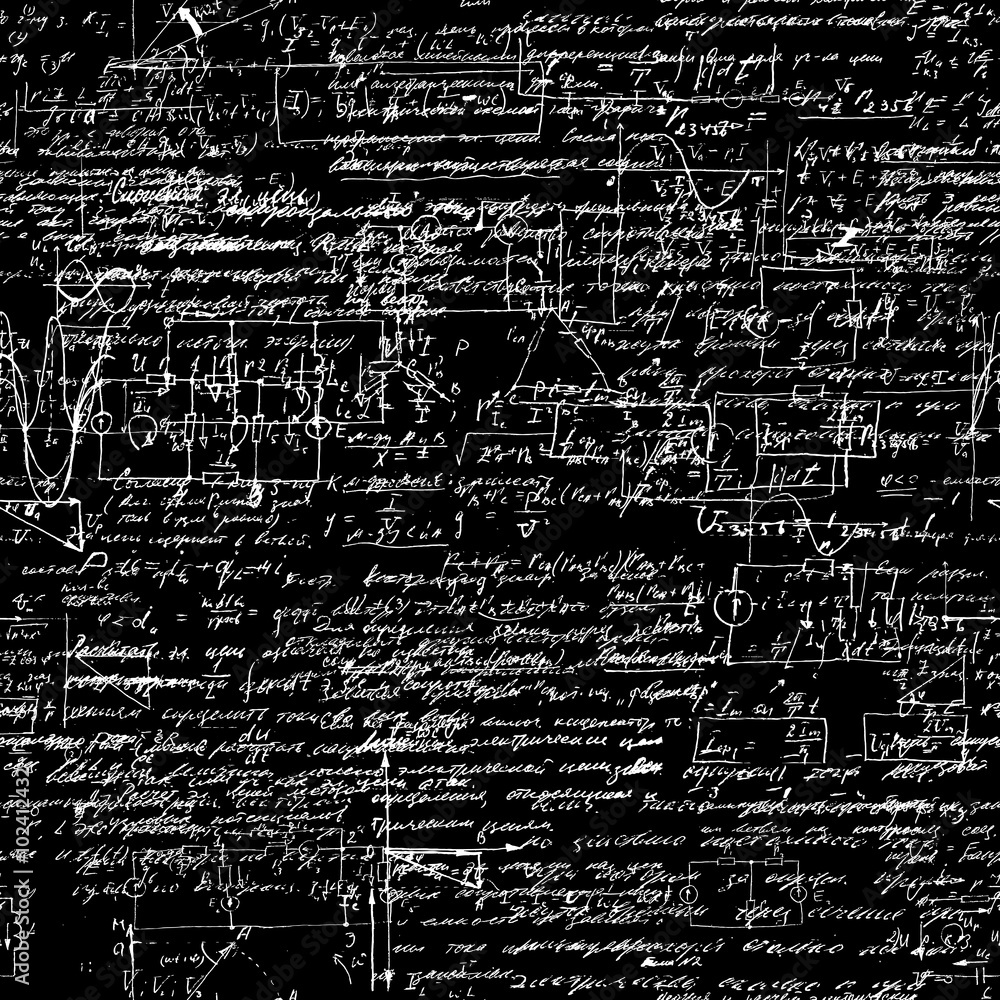 Poster seamless endless pattern background with handwritten mathematical equations on blackboard.