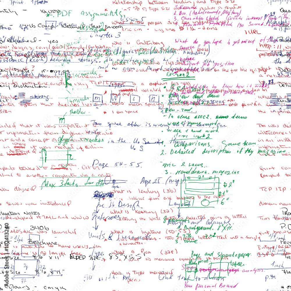 Poster vector seamless pattern with real hand written latin text in color on white paper. lectures archives