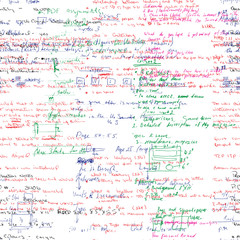 Vector seamless pattern with real hand written Latin text in color on white paper. Lectures archives on different subjects, graphic design, typography, web programming. Natural hand writing style.