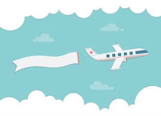 Small passenger plane carrying a banner. Flat style vector illus