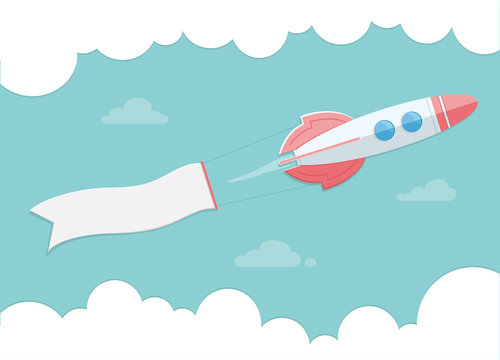 Rocket carrying the banner.. Flat style vector illustration.