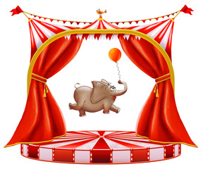 Stage with red curtain and an elephant  isolated at white background