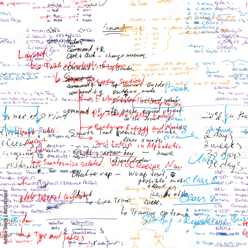 Poster vector seamless pattern with real hand written latin text in color on white paper. lectures archives