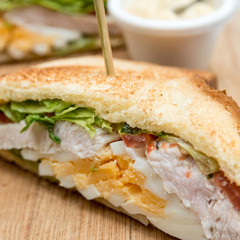 Sandwich with chicken, cheese and golden French fries potatoes