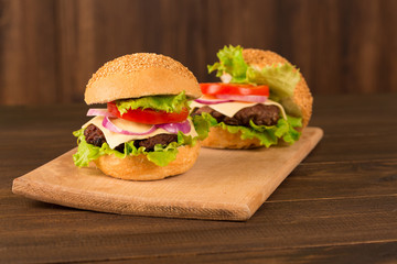 Homemade burger on the wooden table