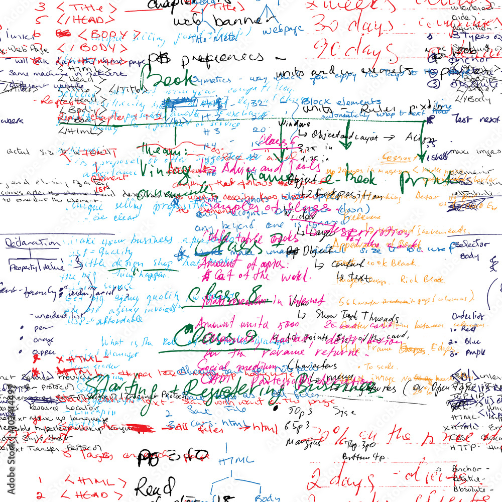 Poster vector seamless pattern with real hand written latin text in color on white paper. lectures archives