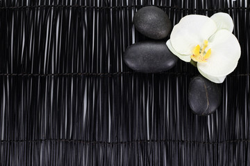 White orchid with zen stones on black background