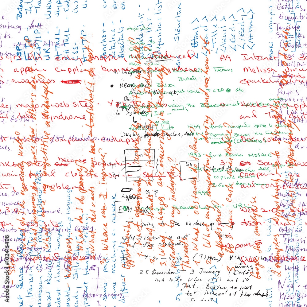 Poster vector seamless pattern with real hand written latin text in color on white paper. lectures archives