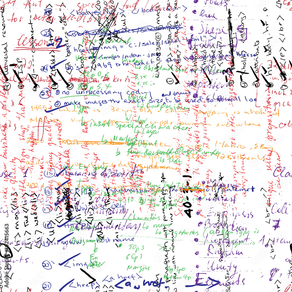 Poster vector seamless pattern with real hand written latin text in color on white paper. lectures archives