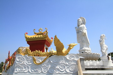 White Kuan Yin, chinese goddess of mercy with golden chinese swan at Hat Yai City, Songkhla Province, Thailand