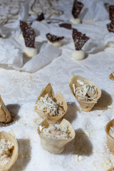 Delicious modern sweet dessert with organic seeds, selective focus