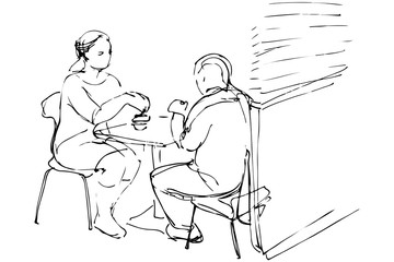 vector sketch of man and woman at a table in a cafe