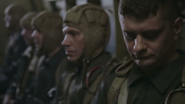 Soviet landing party is preparing for the landing. World war II. The reconstruction of the battle	. The Soviet soldiers against the Nazi invaders
