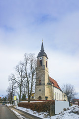 Road View to a church in Germany in winter