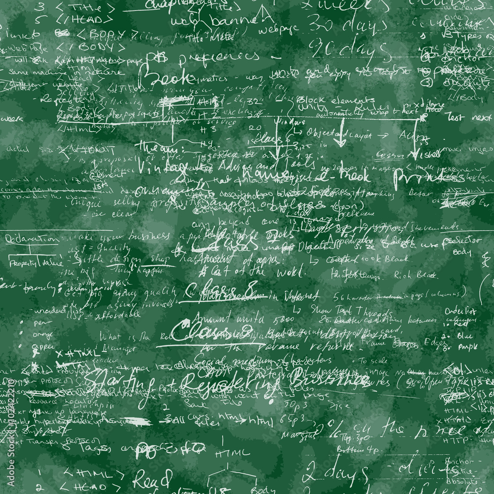 Poster vector seamless pattern with real hand written latin text on green board.