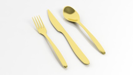 Golden fork, spoon and knife, isolated on white background.