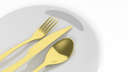 Golden fork, spoon and knife with a plate, isolated on white background.