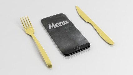 Golden fork and  knife with smartphone with Menu written on screen, isolated on white background.