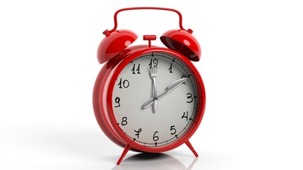Retro red alarm clock with knife and fork as poinets, isolated on white background.
