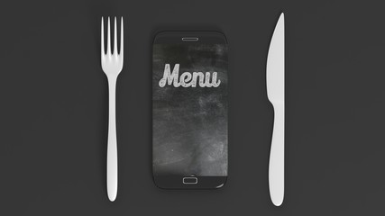 Fork, knife and smartphone with Menu written on screen, isolated on black background.