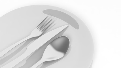 Silver fork, spoon and knife with a plate, isolated on white background.