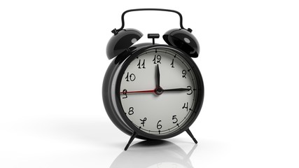 Retro black alarm clock, isolated on white background.