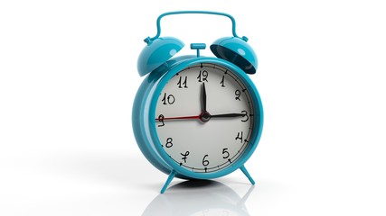 Retro blue alarm clock, isolated on white background.