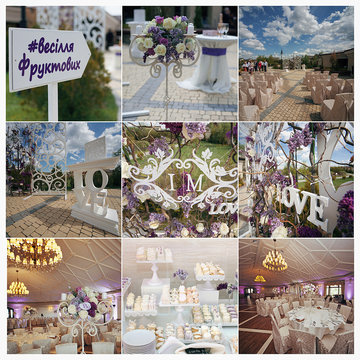 Collage of stylish, luxury wedding reception decorations