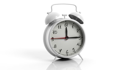 Retro white alarm clock, isolated on white background.