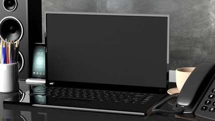 Fototapeta na wymiar Blank black laptop screen set on office desk with various objects